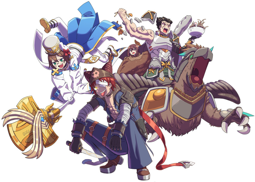 1girl 3boys abs abyss_chaser_(ragnarok_online) anger_vein bangs black_gloves black_hair blue_coat blue_pants blue_shirt boots bow brown_bandana brown_eyes brown_hair cardinal_(ragnarok_online) coat cropped_jacket cross eyepatch fang fish_cake food full_body gloves green_eyes griffin gryphon_(ragnarok_online) hat hat_bow highres holding holding_knife imperial_guard_(ragnarok_online) jacket jumping knife long_sleeves looking_at_viewer male_focus medical_eyepatch mitre multiple_boys noodles open_mouth pants ragnarok_online red_bow red_eyes red_hair sailor_hat second-party_source sharp_teeth shiheki shirt short_hair simple_background smile soumen squatting teeth tongue tongue_out torn_clothes torn_shirt white_background white_footwear white_gloves white_headwear white_jacket white_pants yellow_eyes
