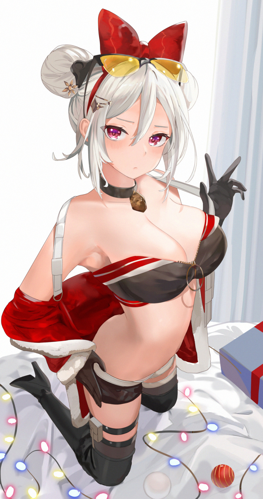1girl armpits bangs black_choker black_footwear black_gloves black_shorts black_thighhighs boots bow box breasts choker christmas_lights cleavage cloak closed_mouth commentary crop_top curtains double_bun english_commentary eyewear_on_head frown fuenyuan fur-trimmed_cloak fur_trim gift gift_box girls'_frontline gloves hair_between_eyes hair_bow hair_bun hair_ornament hairclip hand_on_hip hand_up high_heels highres kneeling long_hair looking_at_viewer medium_breasts off_shoulder p90_(girls'_frontline) p90_(scarlet_turbo)_(girls'_frontline) partially_unzipped red_bow red_cloak red_eyes santa_costume semi-rimless_eyewear short_shorts shorts sidelocks solo stomach strap_pull sunglasses thigh_boots thighhighs thighhighs_under_boots thighs tinted_eyewear white_background white_hair yellow-tinted_eyewear zipper zipper_pull_tab