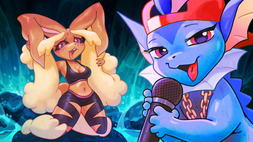 anthro baseball_cap blush breasts clothing duo eeveelution eyelashes female feral furrymon generation_1_pokemon generation_4_pokemon hat headgear headwear hi_res kneeling looking_at_viewer lopunny microphone navel nintendo open_mouth pokemon pokemon_(species) pondis pose the_chalkeaters tongue tongue_out vaporeon vaporeon_rapper video_games water waterfall