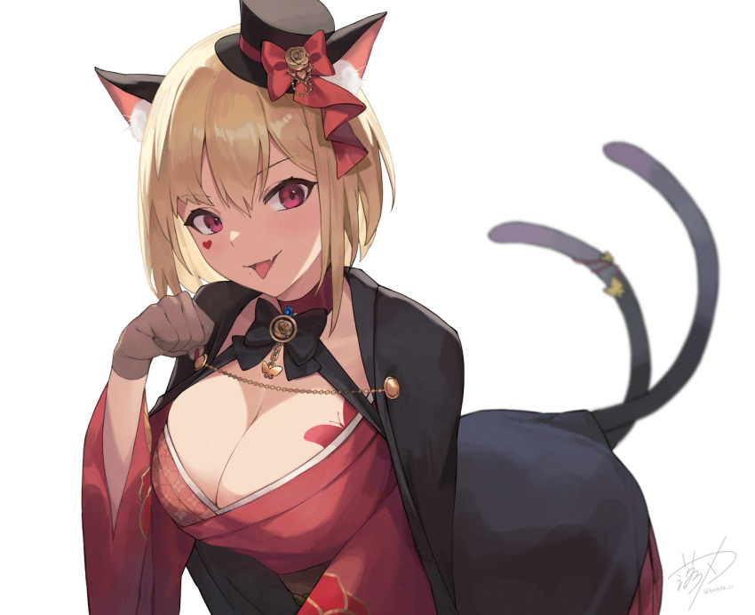 1girl :p aiguillette animal_ear_fluff animal_ears arm_support black_cape black_headwear blonde_hair bob_cut body_markings breasts brown_gloves cape cat_ears cat_girl cat_tail choker commentary_request facial_mark fang gloves hat heart japanese_clothes kimono large_breasts looking_at_viewer luis_cammy mini_hat mini_top_hat mole mole_under_mouth multiple_tails namiura nekomata nijisanji paw_pose red_choker red_eyes red_kimono short_hair skin_fang solo tail tilted_headwear tongue tongue_out top_hat two_tails virtual_youtuber
