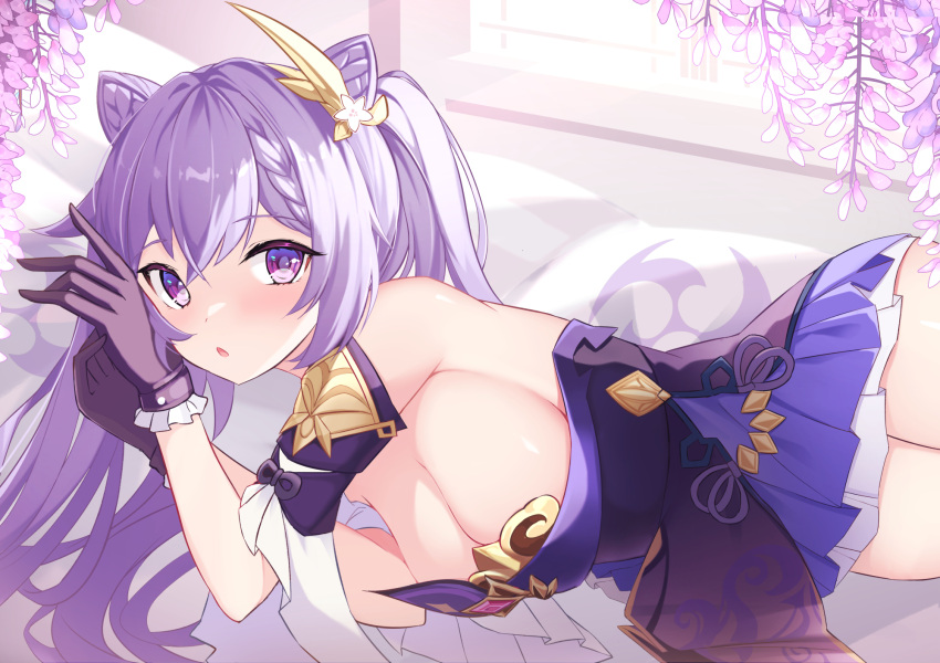1girl :o bangs bare_shoulders braid breasts cleavage cone_hair_bun cowboy_shot crossed_bangs detached_sleeves double_bun flower frilled_gloves frilled_skirt frilled_sleeves frills genshin_impact gloves hair_bun hair_ornament high-waist_skirt highres indoors keqing_(genshin_impact) large_breasts long_hair looking_at_viewer lying on_side open_mouth purple_eyes purple_gloves purple_hair purple_skirt short_sleeves sidelocks skirt solo thighs twintails window wisteria yuruto