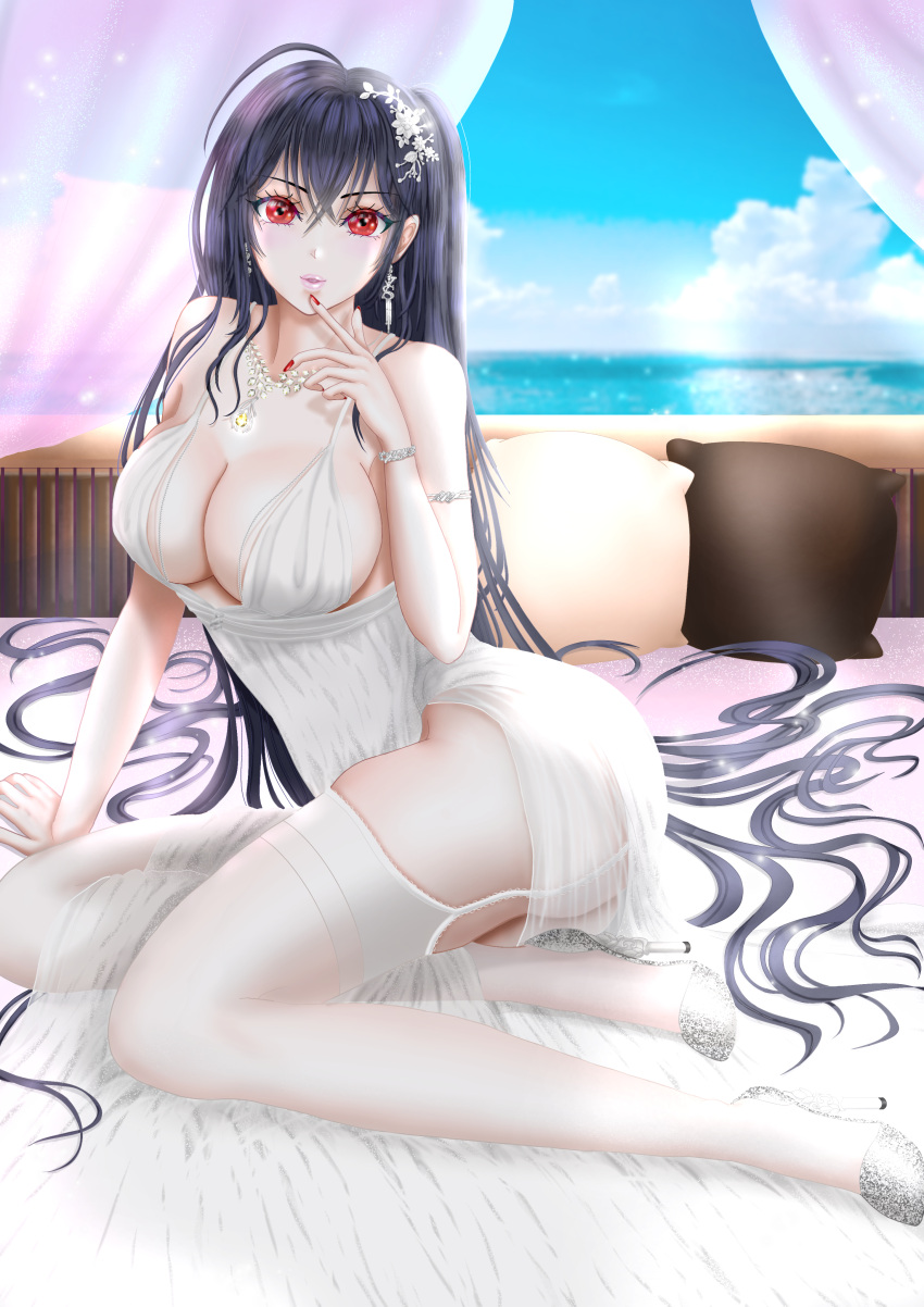 1girl absurdly_long_hair absurdres ass azur_lane blue_sky breasts center_opening cocktail_dress dress earrings evening_gown hair_ornament highres jewelry large_breasts lips long_hair looking_at_viewer necklace nyaako official_alternate_costume parted_lips pillow plunging_neckline red_eyes satin_dress see-through see-through_dress silver_footwear sky sleeveless sleeveless_dress solo taihou_(azur_lane) taihou_(temptation_on_the_sea_breeze)_(azur_lane) thighhighs very_long_hair water wedding_dress white_dress white_garter_straps white_thighhighs yellow_gemstone