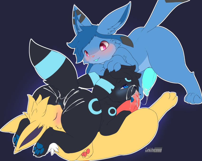 absurd_res bodily_fluids butt cum cum_on_butt cum_on_face cunnilingus digital_media_(artwork) eeveelution female feral generation_1_pokemon generation_2_pokemon generation_4_pokemon genital_fluids genitals glaceon group group_sex hair hi_res jolteon leki_(lekisceon) lekisceon male male/female nintendo nude oral pokemon pokemon_(species) pussy sex simple_background soruchee_(soruchee) syna_the_umbreon trio umbreon vaginal video_games