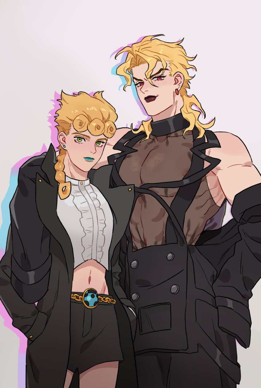 2boys abs absurdres black_coat black_shorts blonde_hair blue_lips braid bug coat dio_brando earrings father_and_son giorno_giovanna green_eyes hands_in_pockets height_difference highres honlo jewelry jojo_no_kimyou_na_bouken ladybug long_hair looking_at_viewer male_focus midriff multiple_boys muscular muscular_male navel open_clothes open_coat pectorals red_eyes red_lips see-through shorts smile standing vento_aureo