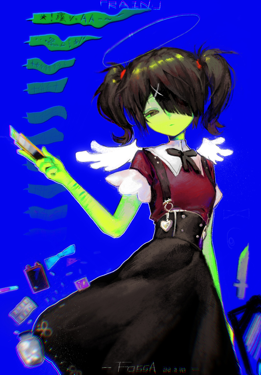 1girl ame-chan_(needy_girl_overdose) black_eyes black_hair black_ribbon black_skirt blue_background boxcutter collar collared_shirt colored_skin cowboy_shot drugs fossa_(aui-lwx) green_skin hair_ornament hair_over_one_eye hair_tie hairclip halo highres holding holding_boxcutter jirai_kei knife looking_at_viewer lsd medicine_bottle neck_ribbon needy_girl_overdose pill pill_bottle red_shirt ribbon shirt shirt_tucked_in skirt solo standing suspender_skirt suspenders twintails white_collar white_wings wings wrist_cutting x_hair_ornament