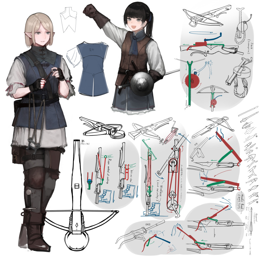 2girls absurdres bangs belt black_gloves black_hair blonde_hair blue_neckerchief blueprint bolt boots brown_footwear brown_gloves buckler clenched_hand crossbow dagger european_clothes fingerless_gloves full_body gloves green_eyes grey_eyes hair_tie highres holding holding_shield how_to knee_pads knife leather leather_belt leather_gloves long_sleeves medieval multiple_girls neckerchief open_mouth original pointy_ears ponytail pouch raised_fist rampart1028 shield short_hair sidelocks simple_background single_knee_pad standing sword thigh_pouch tied_sleeves upper_body weapon white_background