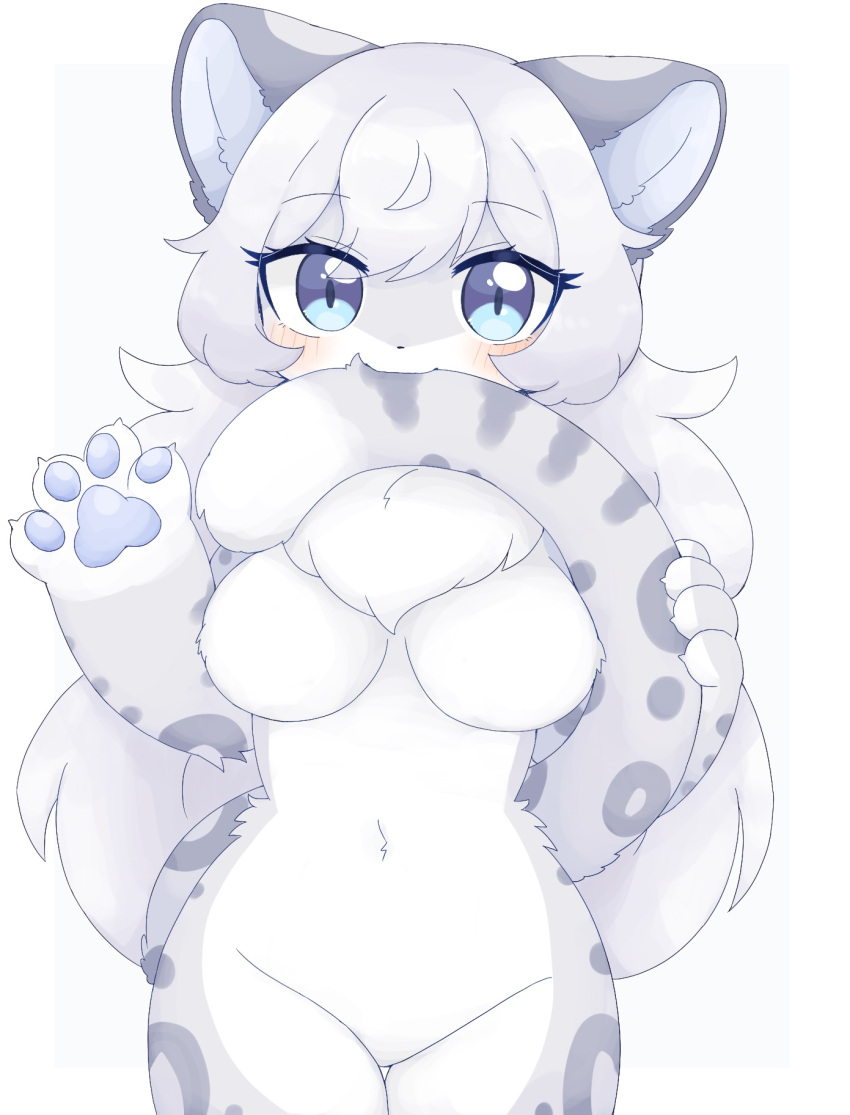 2022 4_fingers anthro blush breasts claws digital_media_(artwork) featureless_breasts featureless_crotch felid female female_anthro finger_claws fingers fluffy fur hi_res kemono kuzuyu mammal multicolored_body multicolored_fur nude pantherine pawpads paws portrait snow_leopard solo tail_in_mouth three-quarter_portrait