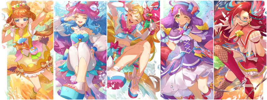 5girls :d ;) ^_^ absurdres air_bubble armpits bangs blonde_hair blue_eyes blue_hair blue_nails blush boots border bow brown_eyes bubble choker clenched_hand closed_eyes closed_mouth clothing_cutout colored_eyelashes commentary crop_top cure_coral cure_flamingo cure_la_mer cure_papaya cure_summer detached_collar detached_sleeves double_bun dress earrings elbow_gloves eyelash_ornament facial_mark facing_viewer fingerless_gloves fingernails fish fishnet_thighhighs fishnets floating_hair flower full_body gloves green_background green_eyes hair_between_eyes hair_bow hair_bun hair_flower hair_intakes hair_ornament hand_on_hip hand_on_own_cheek hand_on_own_face hands_up hat hat_bow heart heart_cutout heart_facial_mark highres ichinose_minori jewelry knee_boots laura_la_mer leg_up legs long_hair looking_at_viewer low_twintails magical_girl midriff miniskirt mismatched_eyelashes multicolored_hair multiple_girls multiple_hair_bows n-bata nail_polish natsuumi_manatsu one_eye_closed open_mouth orange_footwear pantyhose papaya pink_bow pink_hair pouch precure puffy_sleeves purple_choker purple_dress purple_hair purple_nails red_eyes red_footwear red_hair red_skirt sailor_collar sailor_hat scrunchie seashell shell shiny shiny_hair short_sleeves skirt smile stomach sunlight sunset suzumura_sango takizawa_asuka teeth thick_eyebrows thick_eyelashes thighhighs toenail_polish toenails tropical-rouge!_precure twintails two-tone_hair underwater upper_teeth very_long_hair water white_border white_choker white_gloves white_pantyhose white_sailor_collar white_sleeves yellow_bow yellow_choker yellow_gloves yellow_sailor_collar