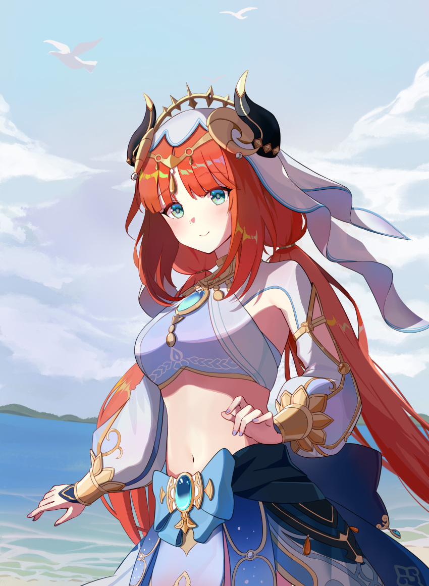 1girl absurdres aqua_eyes bangs beach blue_bow blue_gemstone blue_nails blue_skirt blue_sky bow bracer breasts brooch circlet closed_mouth clothing_cutout cloud commentary cowboy_shot crop_top day detached_sleeves fake_horns gem genshin_impact gold_trim harem_outfit highres horns jewelry long_hair long_sleeves looking_at_viewer low_twintails medium_breasts mountainous_horizon nail_polish natsuha_(user_nmtg3357) navel neck_ring nilou_(genshin_impact) ocean outdoors parted_bangs puffy_long_sleeves puffy_sleeves red_hair sidelocks skirt sky smile solo stomach twintails veil water white_headwear