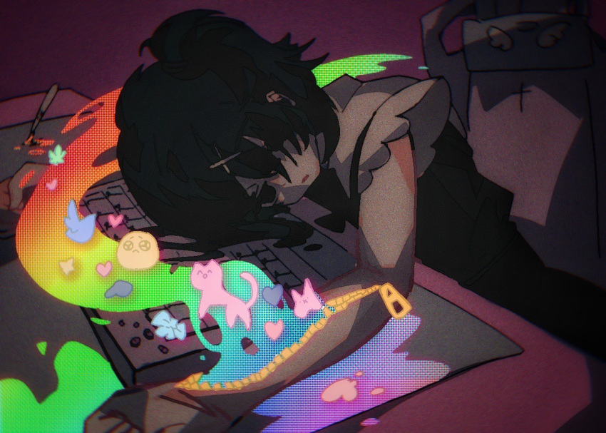 1girl ame-chan_(needy_girl_overdose) black_eyes black_hair black_ribbon cat desk emoji empty_eyes hair_ornament hair_over_one_eye hairclip heart indoors jirai_kei neck_ribbon needy_girl_overdose on_chair on_desk pleading_face_emoji ribbon self_harm solo toumingweiredannai twintails wrist_cutting x_hair_ornament zipper