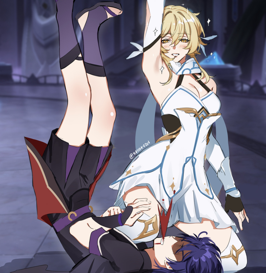 1boy 1girl assertive_female bangs bare_shoulders blonde_hair blush breasts dress eriimyon femdom genshin_impact hair_between_eyes hair_ornament highres kneeing knees looking_at_viewer lumine_(genshin_impact) medium_breasts one_knee scaramouche_(genshin_impact) short_hair short_hair_with_long_locks sidelocks smile trample white_dress yellow_eyes