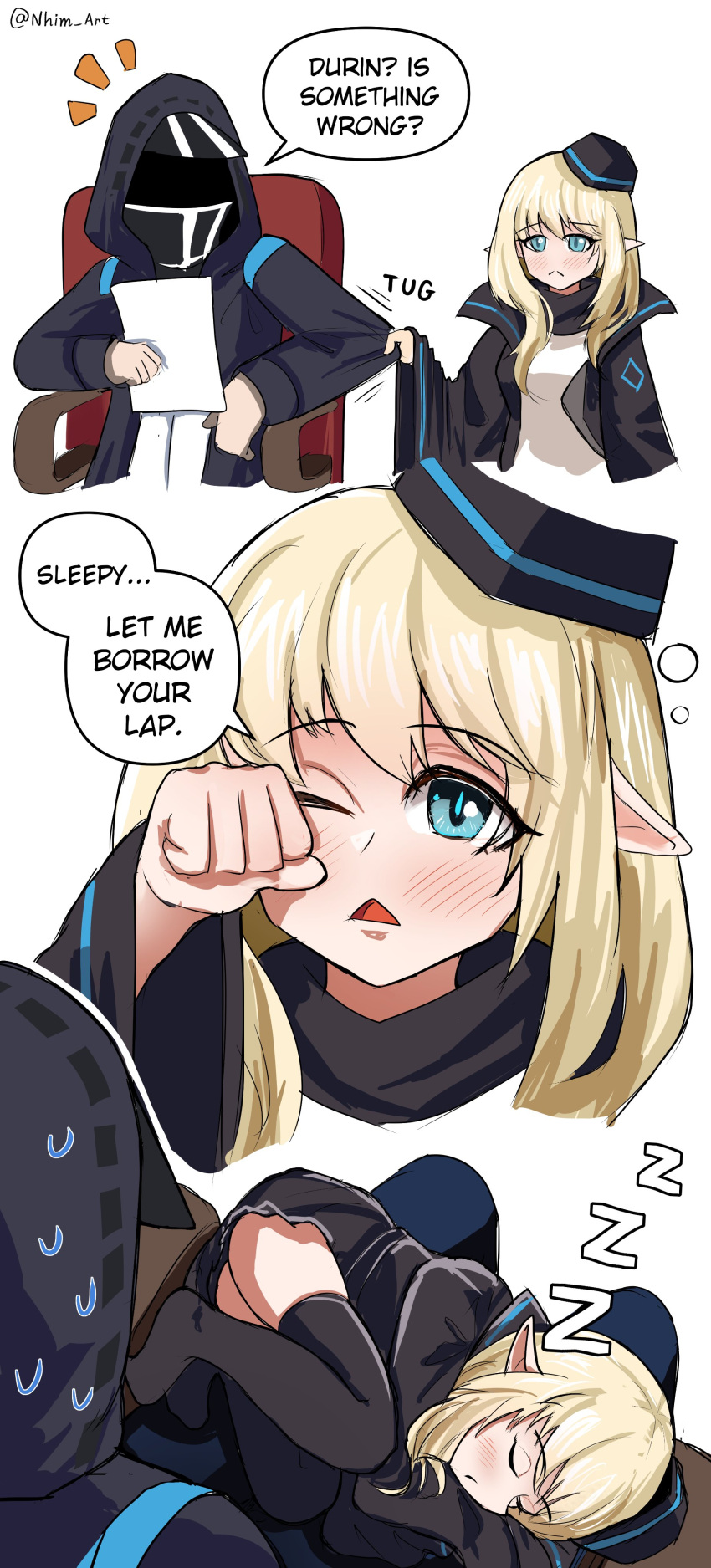 1girl 1other absurdres ambiguous_gender arknights black_jacket blonde_hair blue_eyes blush closed_eyes doctor_(arknights) durin_(arknights) dwarf english_text highres hood hooded_jacket jacket lap_pillow lying nhim pointy_ears sleeping sleeping_on_person sleepy speech_bubble sweatdrop