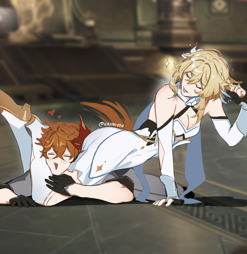 1boy 1girl ahoge asphyxiation bangs bare_shoulders blonde_hair blush breasts cleavage closed_eyes dress eriimyon femdom genshin_impact hair_between_eyes head_between_thighs hetero highres leg_lock lumine_(genshin_impact) masochism medium_breasts orange_hair scissorhold short_hair short_hair_with_long_locks sidelocks strangling tartaglia_(genshin_impact) thighs white_dress