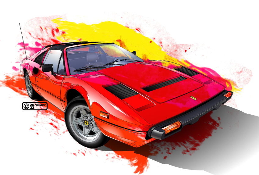 artist_name car copyright dated ferrari ferrari_308 ground_vehicle highres motor_vehicle nimbus_goldbrum no_humans original paint_splatter sports_car vehicle_focus white_background