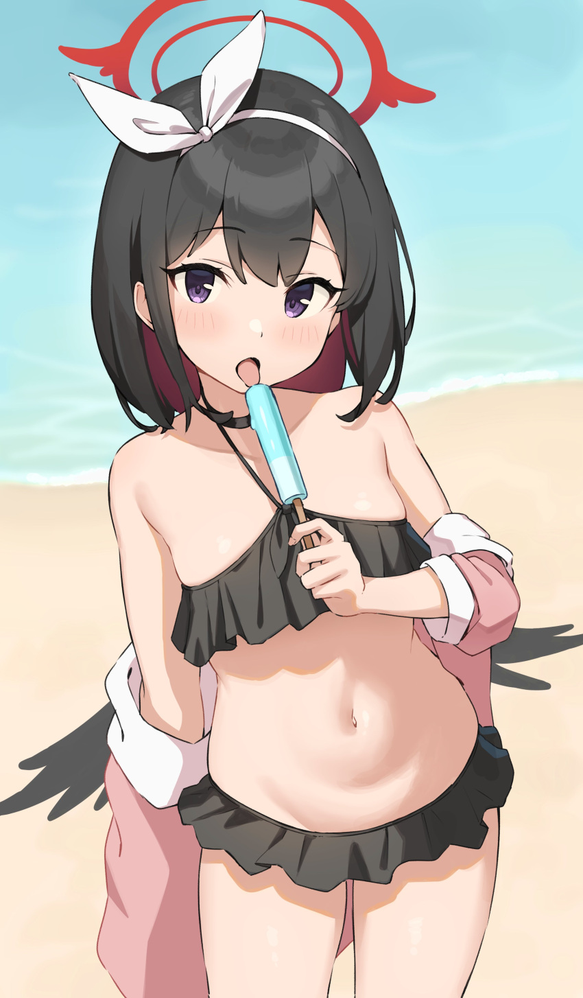1girl absurdres bangs bare_shoulders beach bikini bikini_skirt black_bikini black_hair black_wings blue_archive blush breasts choker collarbone day food hair_ribbon hairband highres holding holding_food jacket looking_at_viewer low_wings lowleg lowleg_bikini mashiro_(blue_archive) mashiro_(swimsuit)_(blue_archive) multicolored_hair navel off_shoulder open_clothes open_jacket open_mouth outdoors popsicle purple_eyes ribbon sand short_hair skirt sky solo stomach swimsuit wanimaru water wings