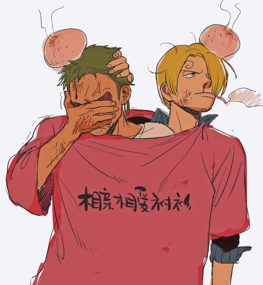 2boys absurdres anger_vein blonde_hair clothes_writing collared_shirt curly_eyebrows facepalm facial_hair goatee green_hair hair_over_one_eye head_bump highres male_focus multiple_boys no.6_(numberr_6) one_piece pink_shirt roronoa_zoro sanji_(one_piece) shared_shirt shirt short_hair smoking translation_request upper_body