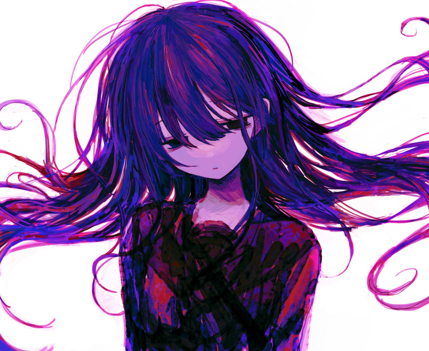 1girl bangs black_dress black_eyes closed_mouth dot_mouth dress empty_eyes expressionless floating_hair hair_between_eyes half-closed_eyes highres long_hair long_sleeves looking_away noroi_(rnatataki) original purple_theme simple_background solo upper_body white_background wind wind_lift