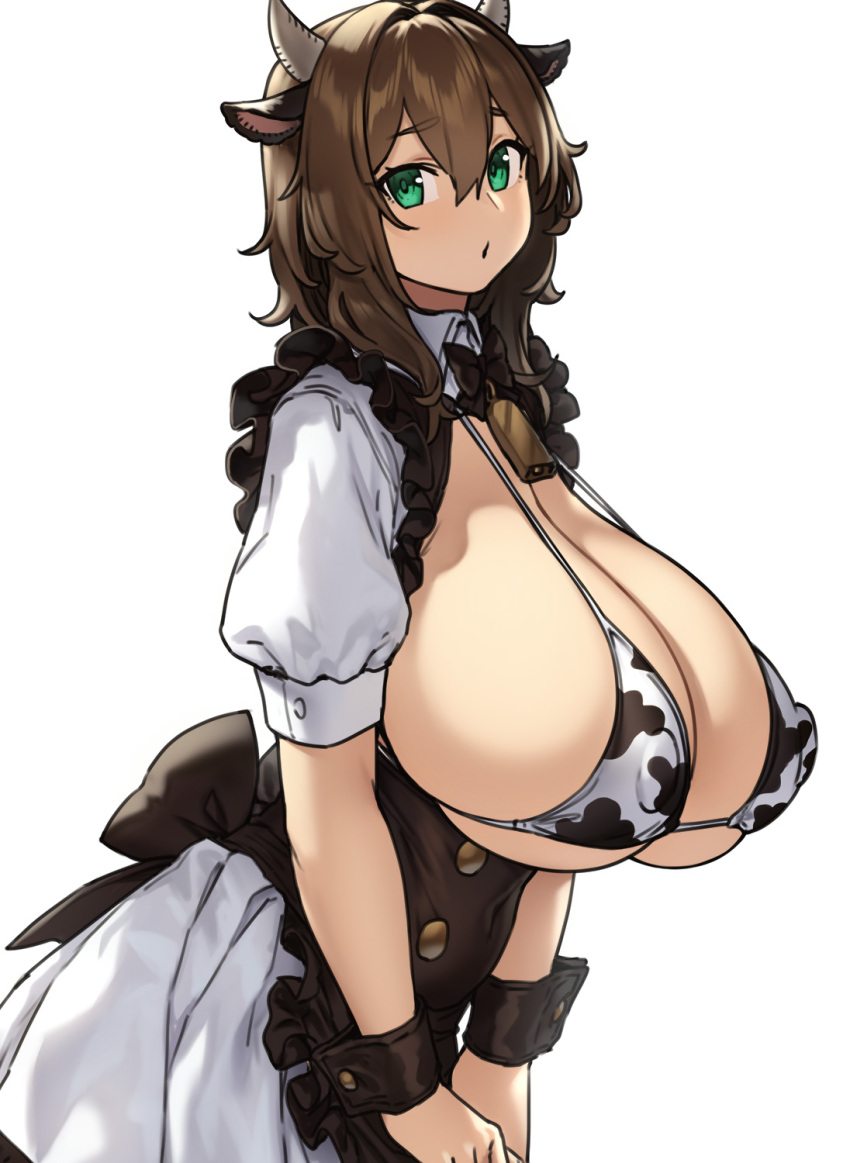 1girl animal_ears animal_print bangs bell black_bow black_bowtie bow bowtie breasts brown_hair covered_nipples cow_ears cow_horns cow_print from_side green_eyes highres horns houtengeki huge_breasts looking_at_viewer looking_to_the_side medium_hair original short_sleeves sideboob simple_background underboob white_background wrist_cuffs