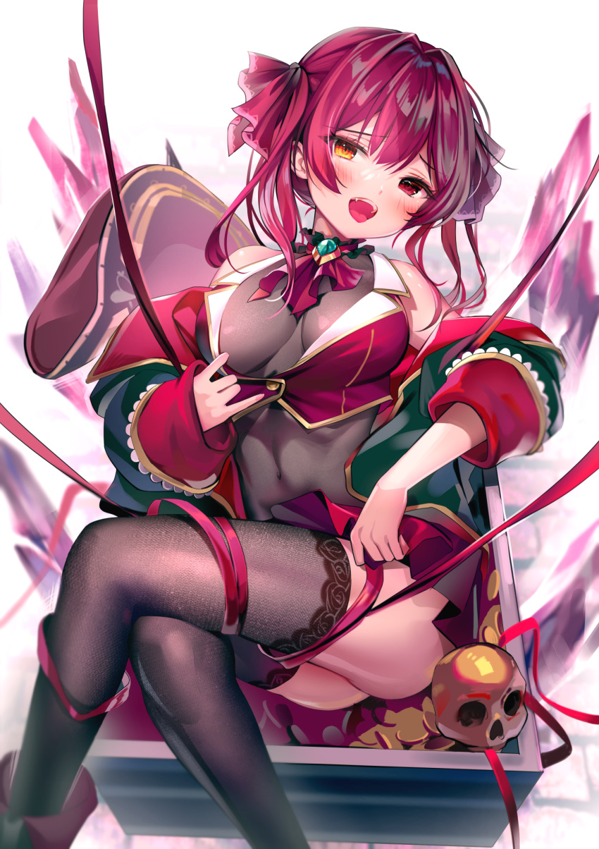 1girl :d ascot bangs blush bodystocking breasts brown_thighhighs cleavage coin covered_navel cropped_jacket crossed_legs green_jacket hair_ribbon heterochromia highres hololive houshou_marine jacket large_breasts luna_nyann open_clothes open_jacket open_mouth red_ascot red_eyes red_hair red_jacket red_ribbon ribbon sitting smile solo thighhighs twintails virtual_youtuber yellow_eyes