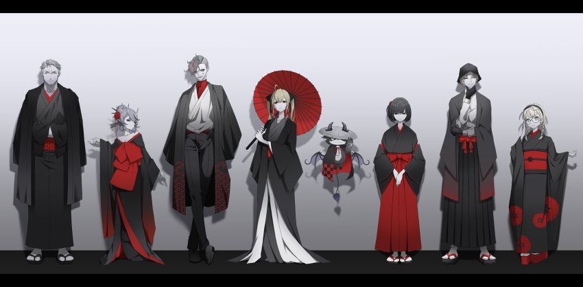 1other 3boys 4girls absurdres amemori_sayo bat_wings braid closed_eyes coat crossed_arms debidebi_debiru demon_tail expressionless floral_print ghost_in_the_shell_lineup glasses hair_ribbon hairband hakama hand_on_own_chin hat highres holding holding_clothes holding_hat holding_umbrella hood hood_up horns in_(in_0907) japanese_clothes joe_rikiichi kanda_shouichi kimono long_hair looking_at_viewer maimoto_keisuke multiple_boys multiple_girls nijisanji oni_horns overcoat own_hands_together pants ribbon rindou_mikoto short_hair simple_background string_bowtie stroking_own_chin tail takamiya_rion twintails umbrella virtual_youtuber wave_print wings yaguruma_rine