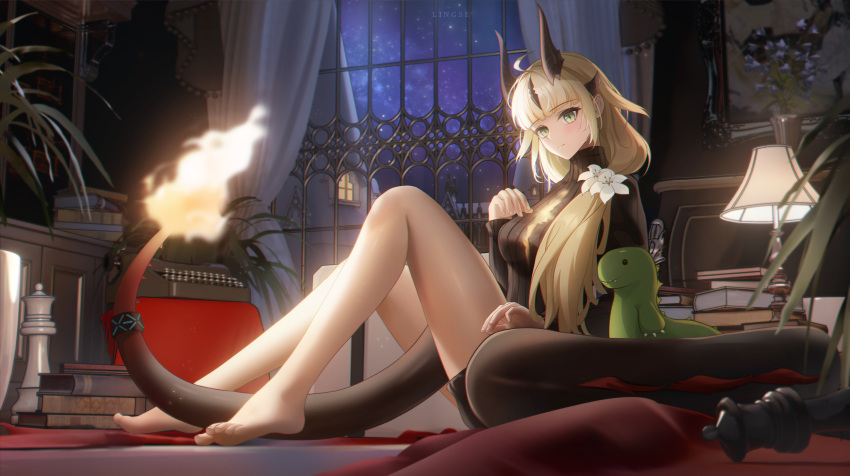 1girl absurdres ahoge arknights bare_legs barefoot black_sweater blonde_hair book breasts chess_piece dragon_girl dragon_horns dragon_tail flame-tipped_tail flower green_eyes hair_flower hair_ornament highres horns indoors infection_monitor_(arknights) lamp light_blush ling_dianxia looking_at_viewer medium_breasts night night_sky official_alternate_costume plant potted_plant reed_(arknights) reed_the_flame_shadow_(arknights) ribbed_sweater sidelocks sky solo sweater tail tail_ornament tail_ring typewriter white_flower window