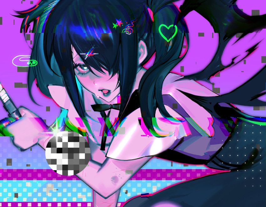 1girl absurdres ame-chan_(needy_girl_overdose) bangs black_eyes black_hair black_ribbon black_skirt blush boxcutter censored collared_shirt demon_wings glitch hair_ornament hair_over_one_eye hair_tie hairclip heart highres holding_boxcutter jirai_kei long_hair looking_at_viewer mosaic_censoring neck_ribbon needy_girl_overdose open_mouth paolongtaodeknock procreate_(medium) red_shirt ribbon self_harm shirt shirt_tucked_in skirt solo suspender_skirt suspenders twintails wings x_hair_ornament