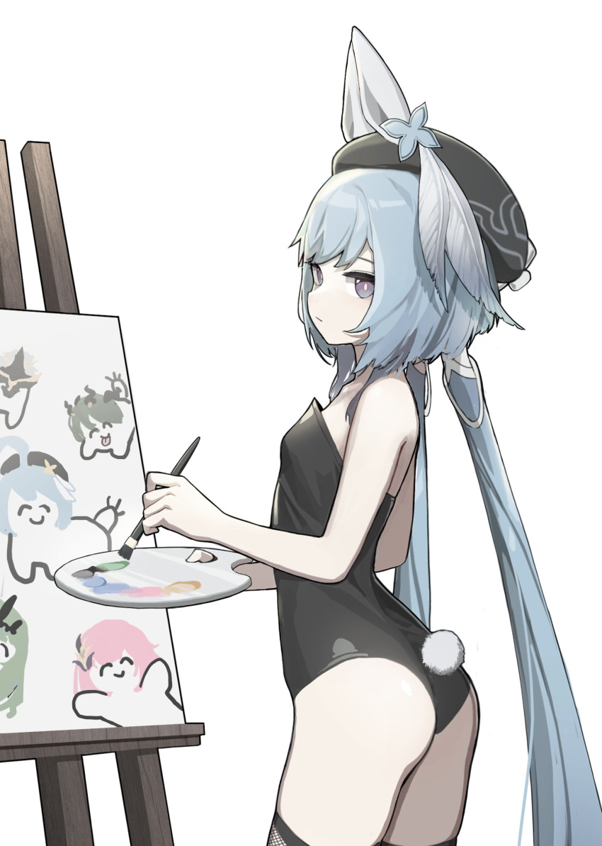 1girl animal_ears ass bare_arms beret black_headwear blue_hair bright_pupils canvas_(object) closed_mouth cowboy_shot fake_animal_ears fake_tail goseumgoseumdochi griseo hat highres holding holding_paintbrush holding_palette honkai_(series) honkai_impact_3rd long_hair looking_at_viewer paintbrush palette_(object) playboy_bunny purple_eyes rabbit_ears rabbit_tail simple_background solo tail twintails very_long_hair white_background