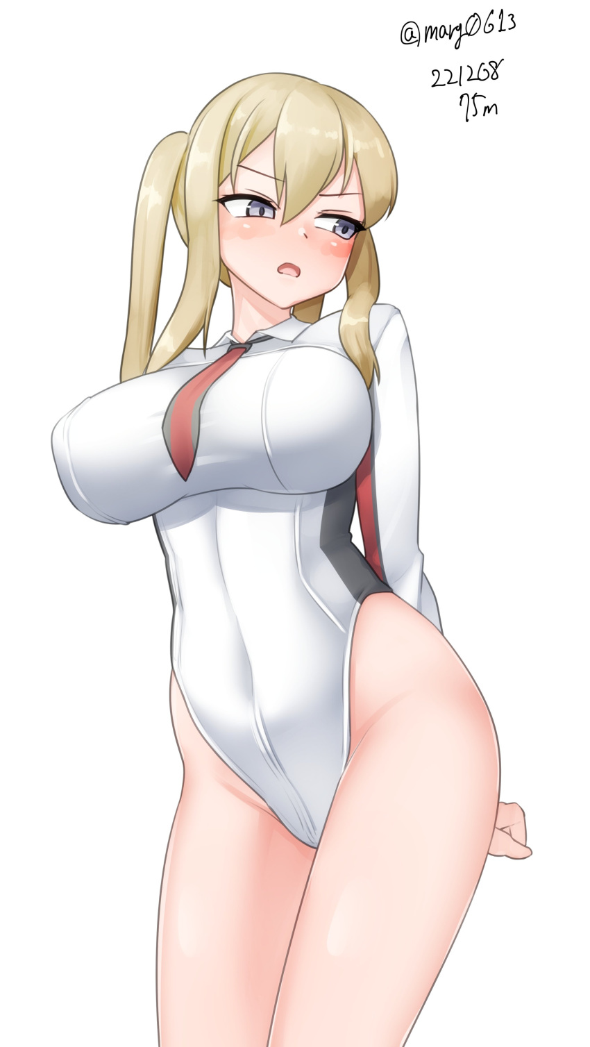 absurdres adapted_costume arms_behind_back blonde_hair blush breasts cowboy_shot cross dated embarrassed graf_zeppelin_(kancolle) grey_eyes hair_between_eyes highres impossible_clothes iron_cross kantai_collection large_breasts leotard long_sleeves maru_(marg0613) necktie open_mouth red_necktie sidelocks twintails twitter_username white_leotard