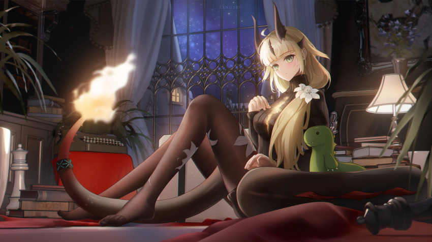 1girl absurdres ahoge arknights black_pantyhose black_sweater blonde_hair book breasts chess_piece dragon_girl dragon_horns dragon_tail flame-tipped_tail flower green_eyes hair_flower hair_ornament highres horns indoors infection_monitor_(arknights) lamp light_blush ling_dianxia looking_at_viewer medium_breasts night night_sky no_shoes official_alternate_costume pantyhose plant potted_plant reed_(arknights) reed_the_flame_shadow_(arknights) ribbed_sweater sidelocks sky solo sweater tail tail_ornament tail_ring typewriter white_flower window