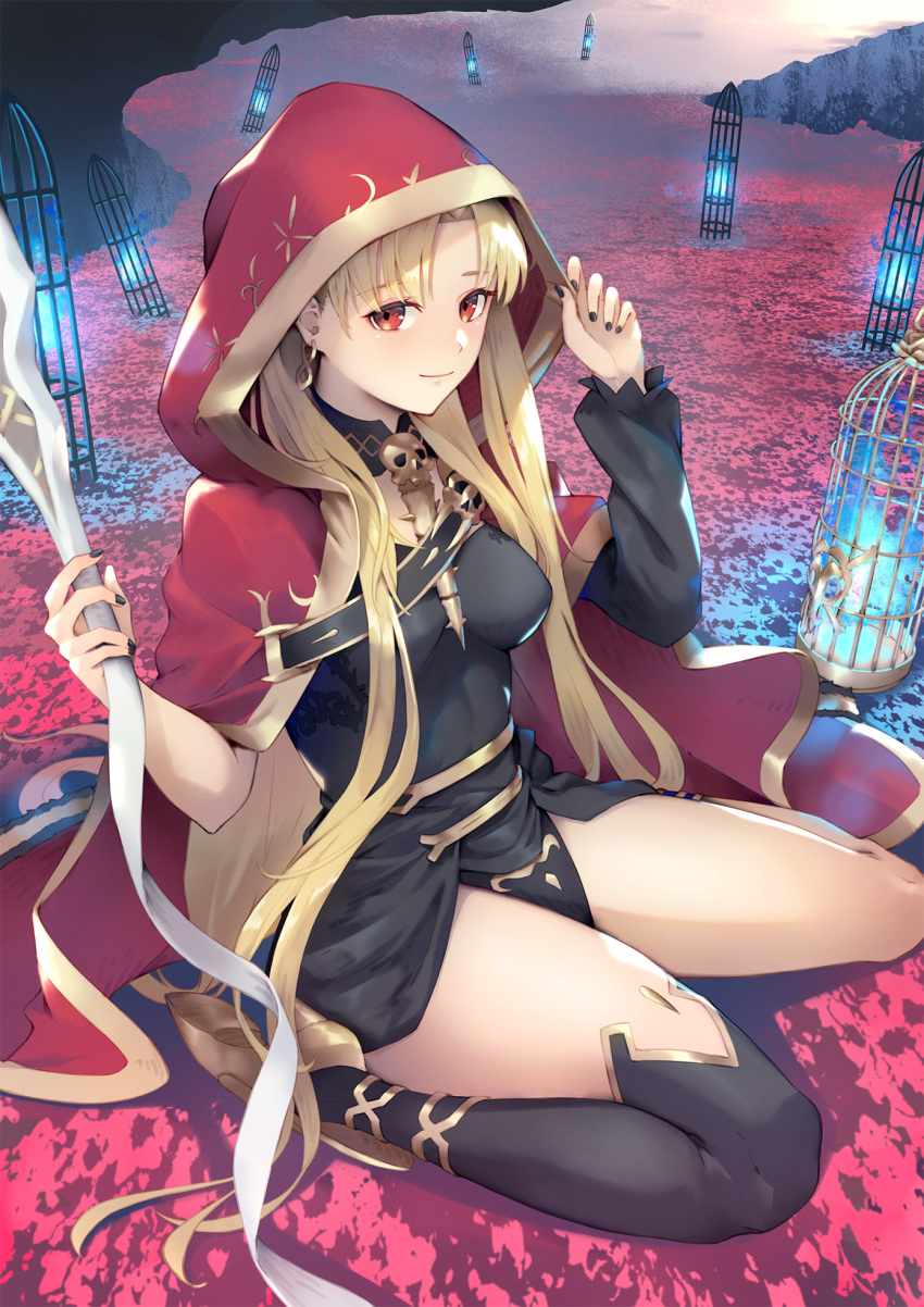 1girl bangs birdcage black_dress black_thighhighs blonde_hair breasts cage cape detached_collar dress earrings ereshkigal_(fate) fate/grand_order fate_(series) field flower flower_field gold_trim highres hood hood_up hooded_cape hoop_earrings jewelry long_hair looking_at_viewer medium_breasts meslamtaea_(weapon) nakaga_eri parted_bangs red_eyes short_dress single_sleeve single_thighhigh sitting skull smile spine thighhighs two_side_up wariza weapon