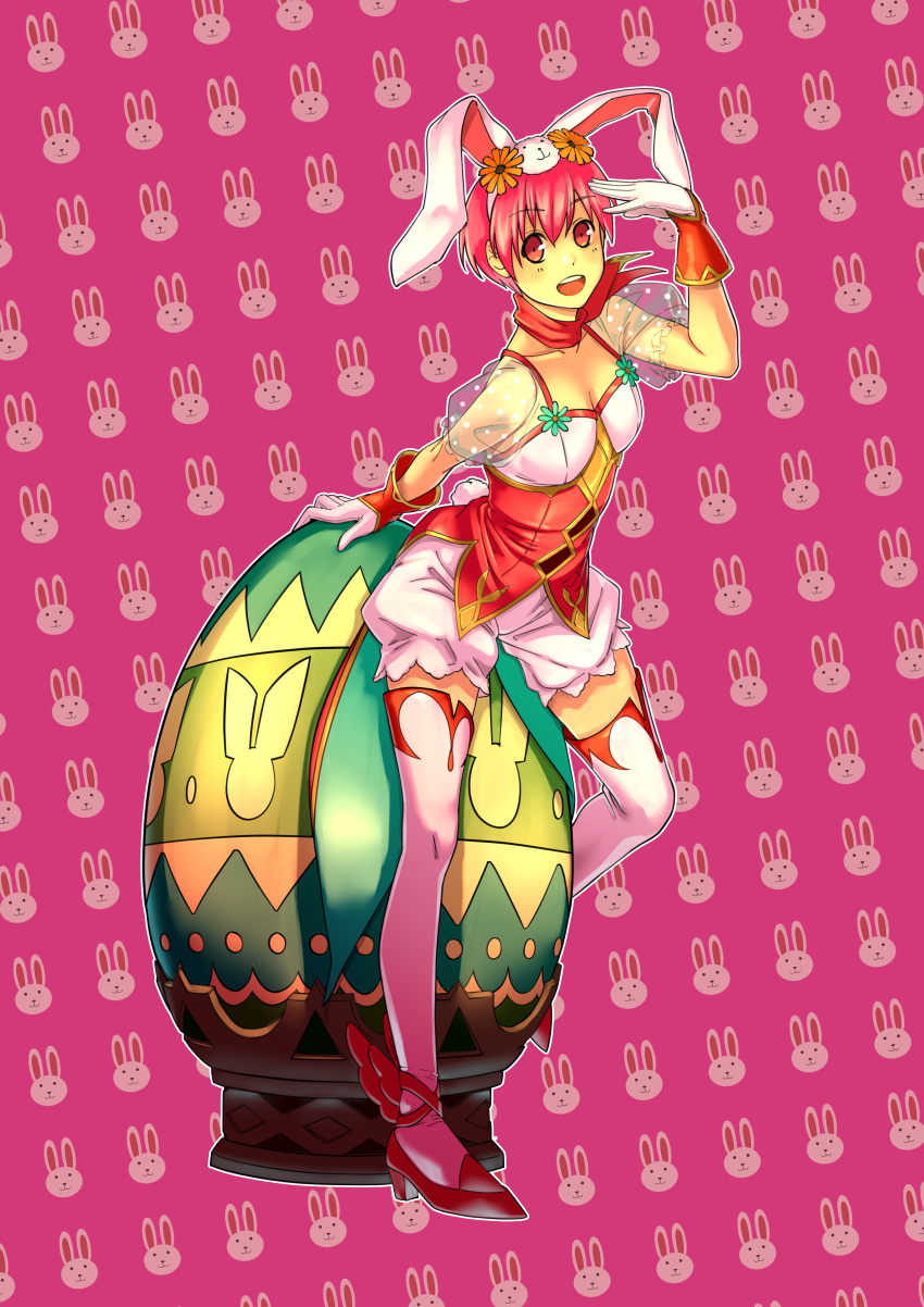 1girl absurdres aduti_momoyama animal_ears animal_print bunny_print easter easter_egg egg est_(fire_emblem) fire_emblem fire_emblem:_mystery_of_the_emblem fire_emblem_heroes flower full_body gloves highres official_alternate_costume open_mouth pink_eyes pink_hair rabbit_ears short_hair smile