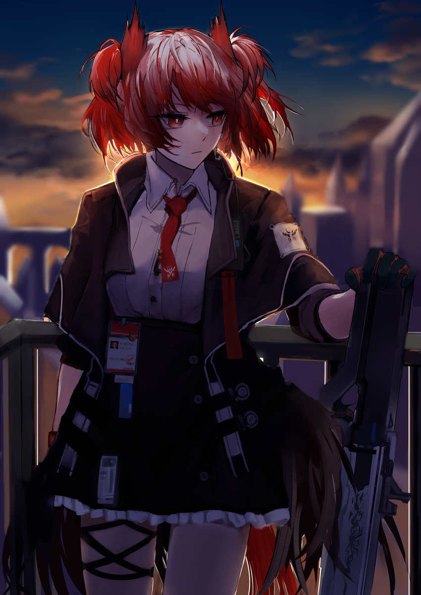 1girl absurdres animal_ears arknights bayonet bird_ears bird_girl bird_tail black_gloves black_jacket black_skirt blue_sky blurry blurry_background building city collared_shirt cowboy_shot fiammetta_(arknights) gloves gun gwangvt highres id_card jacket necktie night night_sky open_clothes open_jacket outdoors railing red_eyes red_hair red_necktie shirt short_hair skirt sky skyscraper solo sunset tail weapon