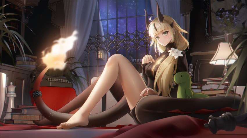 1girl absurdres ahoge arknights barefoot black_pantyhose black_sweater blonde_hair book breasts chess_piece dragon_girl dragon_horns dragon_tail flame-tipped_tail flower green_eyes hair_flower hair_ornament highres horns indoors infection_monitor_(arknights) lamp light_blush ling_dianxia looking_at_viewer medium_breasts night night_sky official_alternate_costume pantyhose plant potted_plant reed_(arknights) reed_the_flame_shadow_(arknights) ribbed_sweater sidelocks single_leg_pantyhose sky solo sweater tail tail_ornament tail_ring typewriter white_flower window