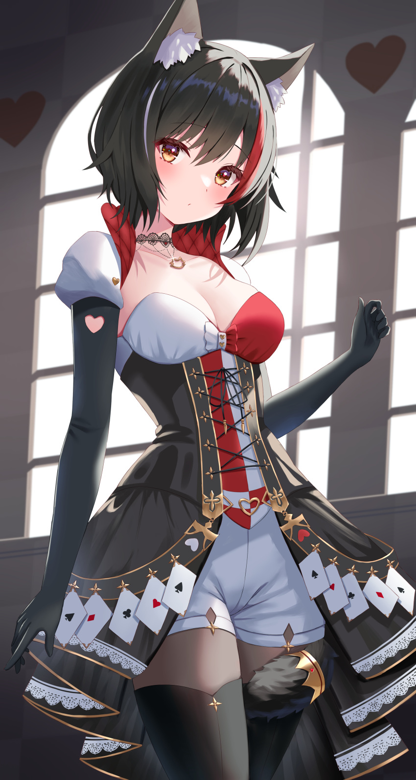 1girl absurdres animal_ear_fluff animal_ears black_hair blush breasts cleavage hair_between_eyes hair_ornament highres hololive large_breasts looking_at_viewer multicolored_hair ookami_mio open_mouth orange_eyes red_hair short_hair solo streaked_hair tail tail_around_leg tail_wrap thorny virtual_youtuber white_hair wolf_ears wolf_girl wolf_tail