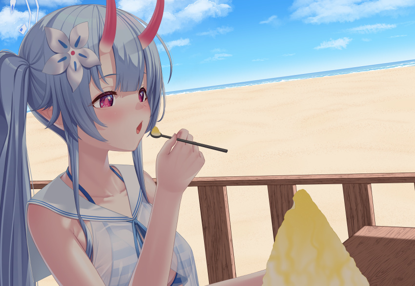 1girl absurdres armpit_crease bare_arms beach bikini blue_archive blue_bikini blue_hair blue_neckerchief blue_sky breasts chise_(blue_archive) chise_(swimsuit)_(blue_archive) cicocyelho cloud collarbone day eating flower food hair_flower hair_ornament halo highres horns long_hair medium_breasts neckerchief ocean oni_horns open_mouth outdoors purple_eyes sailor_collar sand shaved_ice side_ponytail sitting skin-covered_horns sky solo spoon striped striped_bikini sunlight swimsuit two-tone_bikini upper_body water white_bikini white_sailor_collar