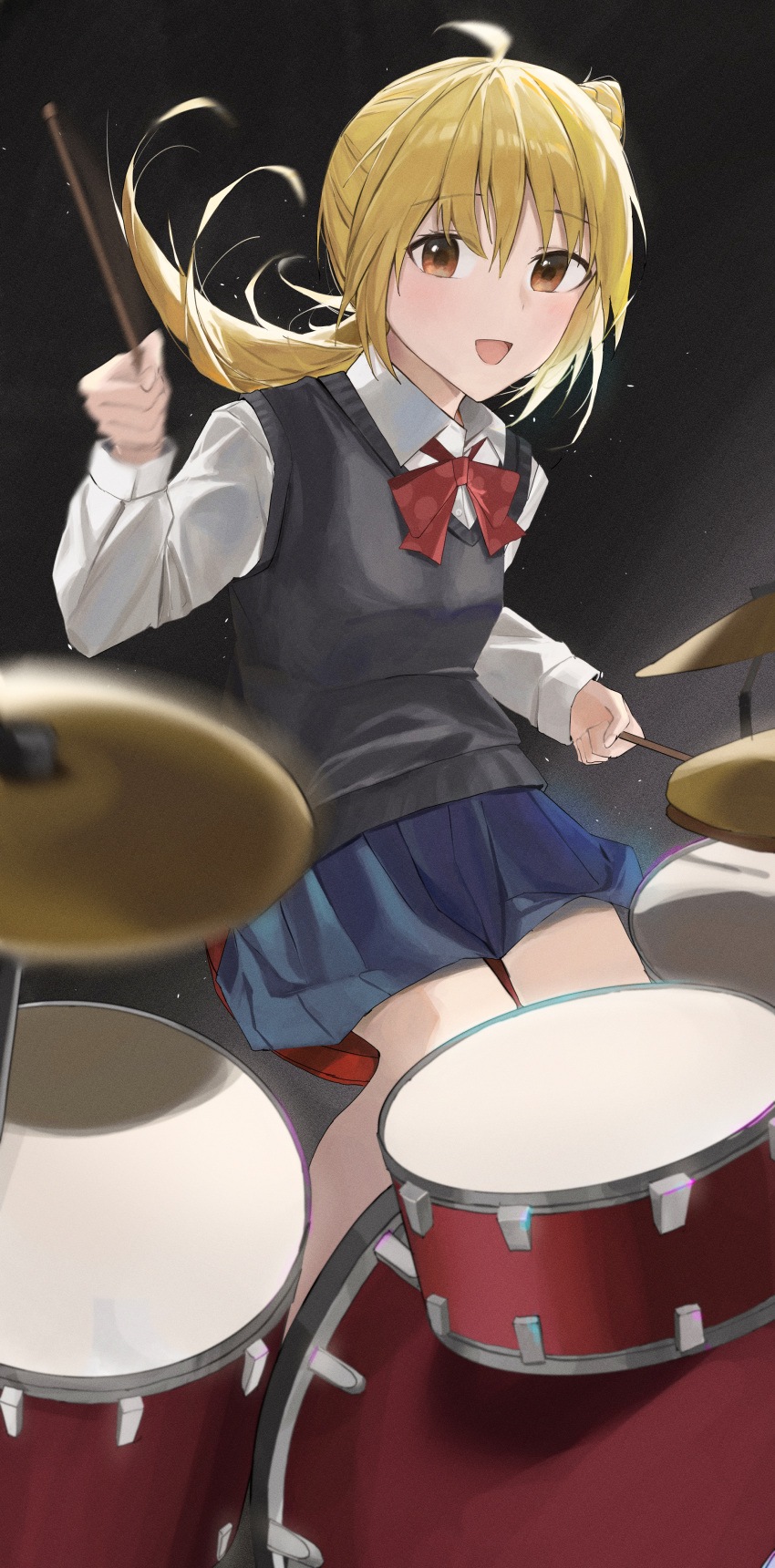 1girl :d absurdres ahoge bangs black_background black_vest blonde_hair blue_skirt bocchi_the_rock! bow bowtie breasts brown_eyes collared_shirt drum drum_set drumming drumsticks feet_out_of_frame gradient gradient_background highres holding holding_drumsticks ijichi_nijika instrument light_blush light_particles long_hair long_sleeves motion_blur on_chair open_mouth pleated_skirt polka_dot polka_dot_bow red_bow school_uniform shiny shiny_hair shirt side_ponytail sidelocks sitting skirt small_breasts smile solo vest white_shirt yunkkker