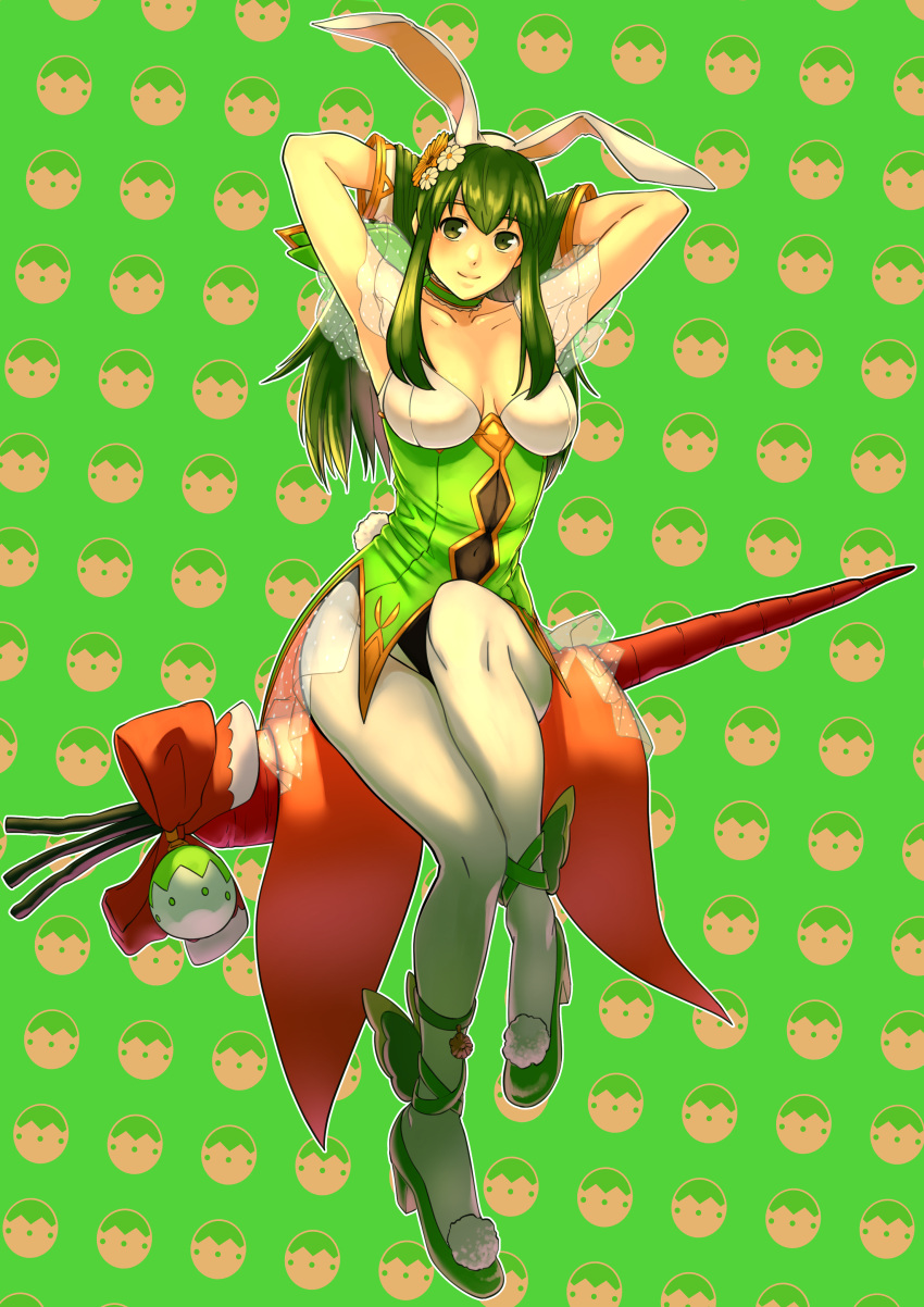 1girl absurdres aduti_momoyama animal_ears armpits arms_up bangs blush breasts carrot cleavage coattails easter_egg egg egg_print fire_emblem fire_emblem:_mystery_of_the_emblem fire_emblem_heroes flower full_body gloves green_eyes green_footwear green_hair hair_flower hair_ornament highres large_breasts long_hair looking_at_viewer palla_(fire_emblem) playboy_bunny rabbit_ears rabbit_tail see-through sitting skin_tight smile solo tail