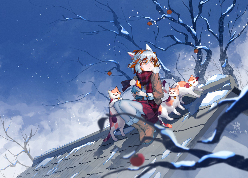 1girl :t animal_ears bare_tree bell boots brown_footwear brown_jacket cat cat_ears cat_girl chewing chinese_commentary closed_mouth cloud collar commentary_request day food food_on_face fur-trimmed_boots fur_trim furahata_gen goutokuji_mike hair_between_eyes highres holding holding_food jacket jingle_bell multicolored_hair on_roof open_clothes open_jacket orange_eyes orange_hair outdoors pantyhose red_collar red_scarf red_skirt scarf shirt skirt sky snow snowing solo steam sweet_potato touhou tree white_hair white_pantyhose white_shirt