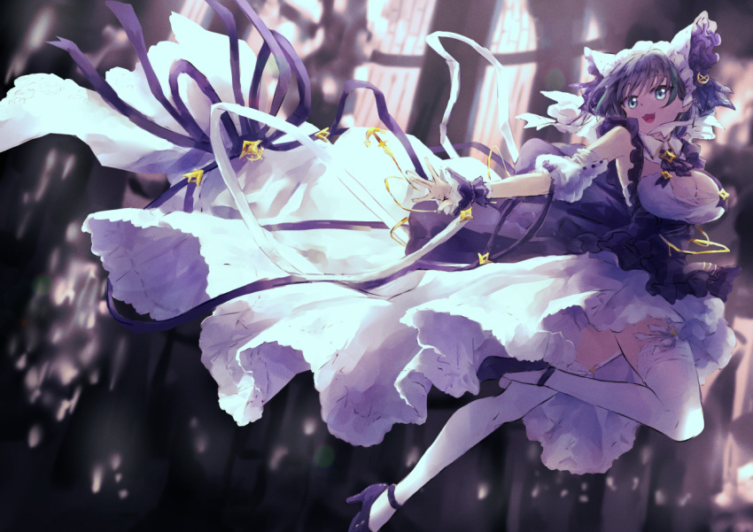 1girl animal_ears azur_lane black_footwear breasts cheshire_(azur_lane) cleavage detached_sleeves dress fake_animal_ears frilled_hairband frilled_ribbon frills from_side hairband high_heels large_breasts long_ribbon maid_headdress multicolored_hair open_mouth puffy_detached_sleeves puffy_sleeves purple_apron ribbon shoes solo streaked_hair thighhighs two-tone_hair user_uuky3283 white_dress white_thighhighs wrist_cuffs