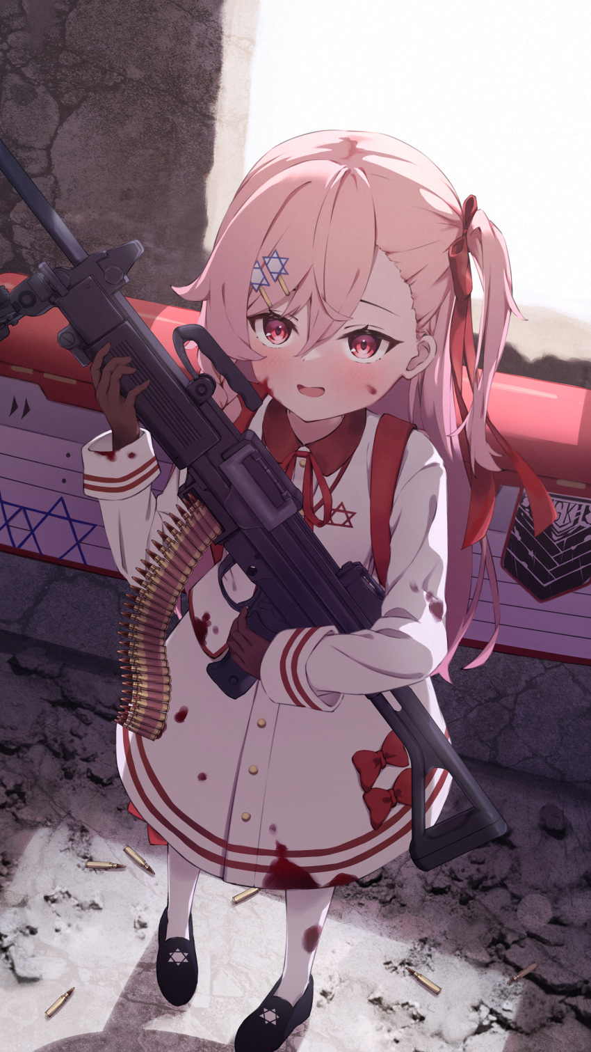 1girl absurdres age_regression aged_down ammunition_belt black_gloves bow braid child dress from_above full_body girls'_frontline gloves gun hair_ornament hairclip hexagram highres holding holding_gun holding_weapon imi_negev loafers long_hair machine_gun negev_(girls'_frontline) negev_(little_drifter)_(girls'_frontline) official_alternate_costume one_side_up pink_hair red_bow red_eyes shell_casing shoes side_braid standing star_of_david taitan weapon weapon_bag weapon_case white_dress