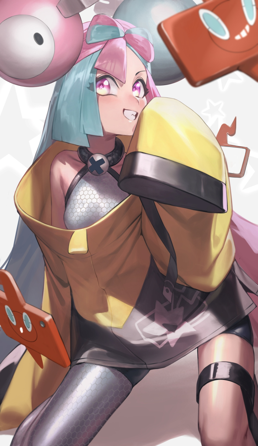1girl bangs bare_shoulders black_shorts blue_hair blush bow-shaped_hair breasts character_hair_ornament chorogon grin hair_ornament highres iono_(pokemon) jacket light_blue_hair long_hair long_sleeves looking_at_viewer low_twintails medium_breasts multicolored_hair pink_hair pokemon pokemon_(game) pokemon_sv purple_eyes rotom rotom_phone sharp_teeth shorts sleeves_past_fingers sleeves_past_wrists smile solo split-color_hair teeth twintails yellow_jacket
