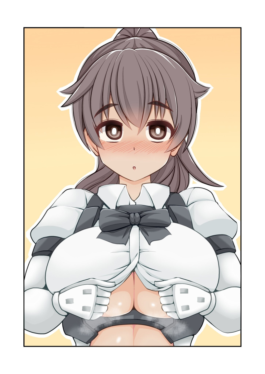 1girl 30_minutes_sisters :o alternate_breast_size black_bow blush bow breasts brown_eyes brown_hair gloves highres imagawa_akira juliet_sleeves large_breasts long_sleeves luluce_(30ms) ponytail puffy_sleeves solo steaming_body unbuttoning underboob upper_body white_gloves