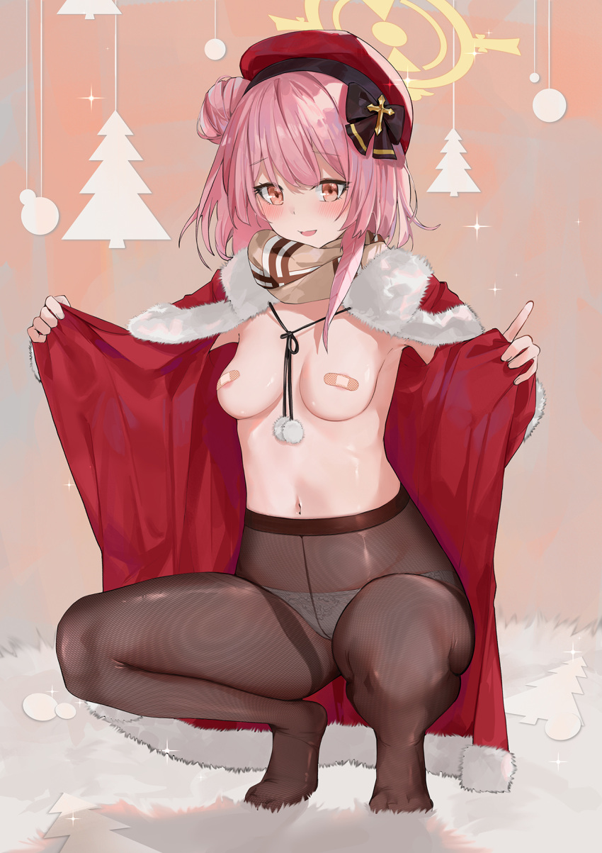 1girl :d areola_slip bandaid bandaids_on_nipples bangs black_bow black_pantyhose blue_archive blush bow breasts brown_scarf capelet christmas coat commentary dema_hmw flashing foreshortening full_body fur-trimmed_capelet fur-trimmed_coat fur_trim hair_bow hair_bun halo heel_up highres holding looking_at_viewer medium_breasts navel no_shoes official_alternate_costume open_clothes open_coat open_mouth orange_background panties panties_under_pantyhose pantyhose pasties pink_eyes pink_hair pom_pom_(clothes) red_capelet red_coat red_headwear rug santa_costume scarf serina_(blue_archive) serina_(christmas)_(blue_archive) short_hair sidelocks single_hair_bun single_side_bun smile solo sparkle squatting stomach thighband_pantyhose tiptoes underwear white_panties