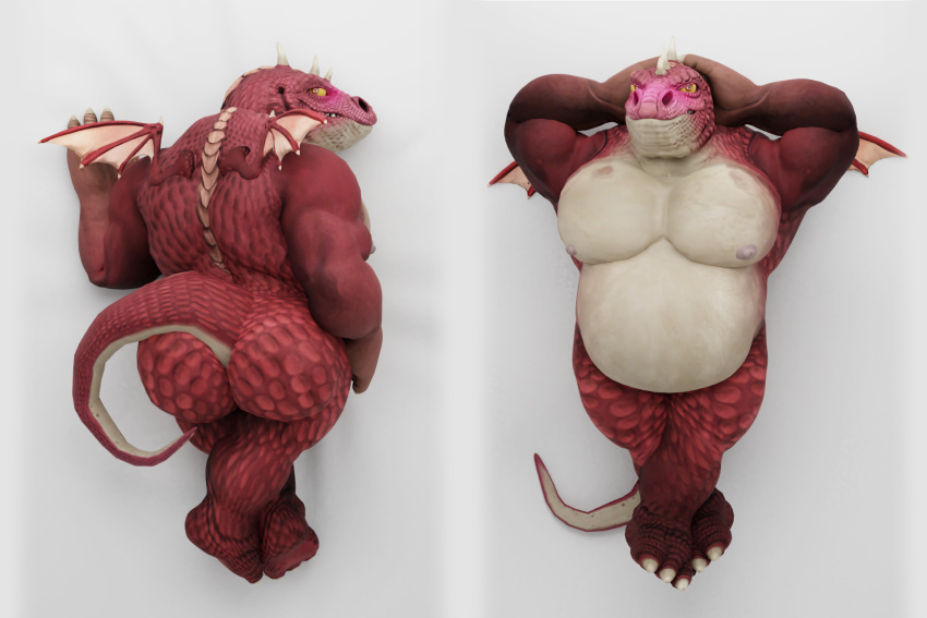 2022 3:2 3d_(artwork) albalbalb anthro belly blush bubble_butt butt crossed_legs dakimakura_design dakimakura_pose digital_media_(artwork) dragon giana_sisters gurglewocky_(giana_sisters) hi_res humanoid looking_at_viewer looking_back lying male nipples pecs rear_view scalie simple_background small_wings smile smiling_at_viewer solo video_games wings yellow_eyes