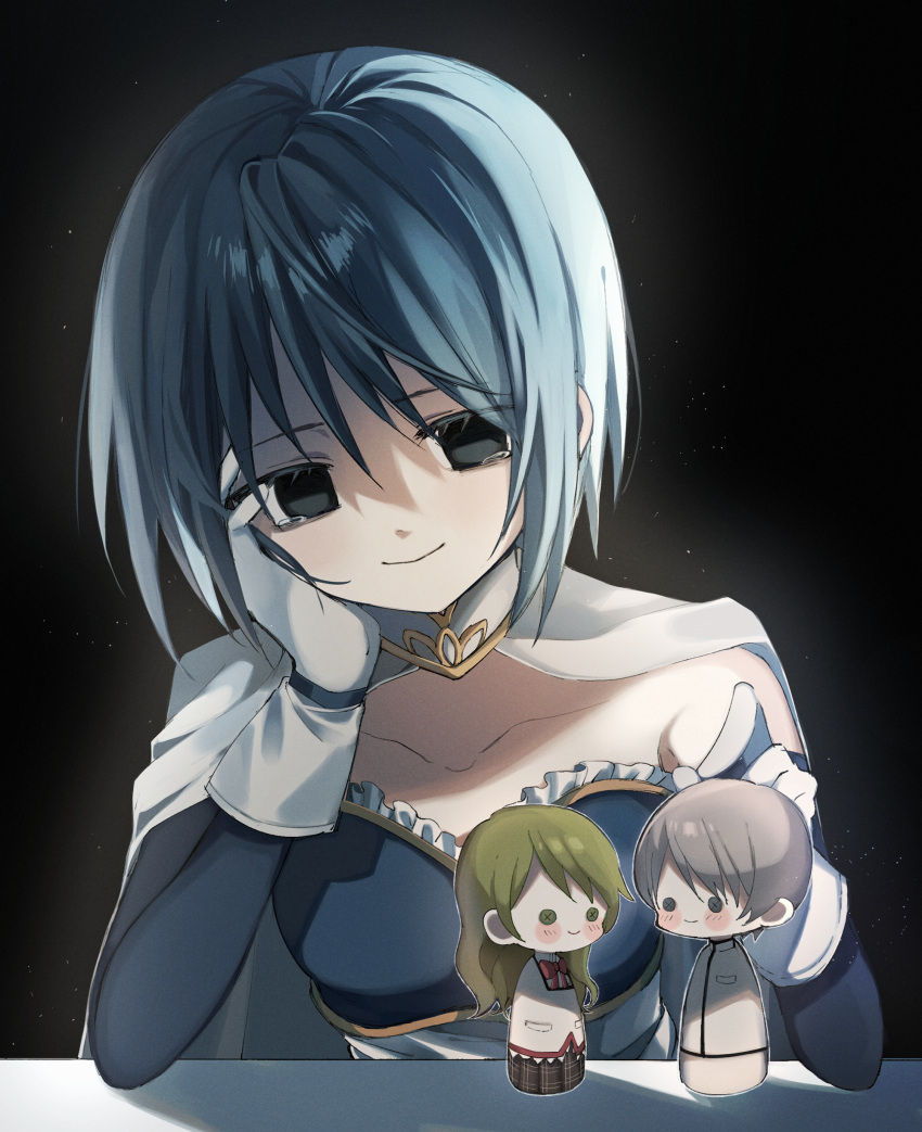 1girl absurdres arm_rest arm_up bangs black_background black_eyes blue_dress blue_hair breasts cape character_doll character_request closed_mouth collarbone commentary crying crying_with_eyes_open dress empty_eyes eyelashes frilled_dress frills gloves glowing hair_between_eyes hand_on_own_cheek hand_on_own_face hand_up head_rest head_tilt highres light_particles looking_away mahou_shoujo_madoka_magica miki_sayaka roseziny shadow short_hair sleeves_past_elbows small_breasts smile solo symbol-only_commentary table tears upper_body white_cape white_gloves