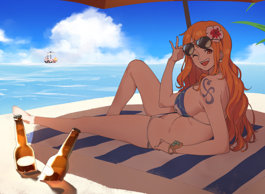 1girl adjusting_eyewear beach bikini breasts earrings flower hair_flower hair_ornament highres jewelry large_breasts long_hair looking_at_viewer lying nami_(one_piece) one_eye_closed one_piece open_mouth orange_hair shade_of_trees sideboob smile solo sunglasses swimsuit tattoo