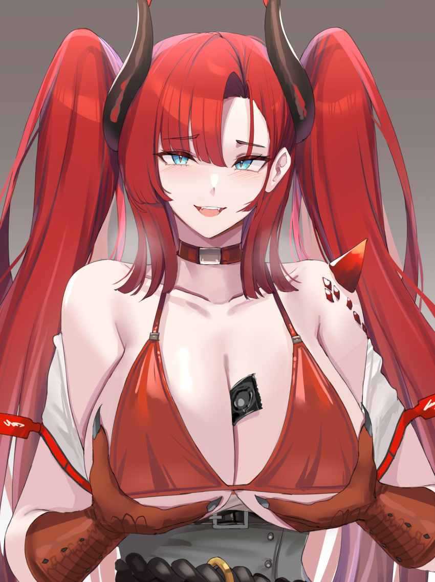 1girl :d absurdres arknights bangs bare_shoulders belt between_breasts black_belt black_nails blue_eyes bra breasts choker commentary grey_background grey_skirt hand_up high-waist_skirt highres horns kanta_(kanta_077) large_breasts long_hair looking_at_viewer open_mouth oripathy_lesion_(arknights) red_bra red_choker red_hair shirt short_sleeves simple_background skirt smile solo toddifons_(arknights) underwear upper_body very_long_hair