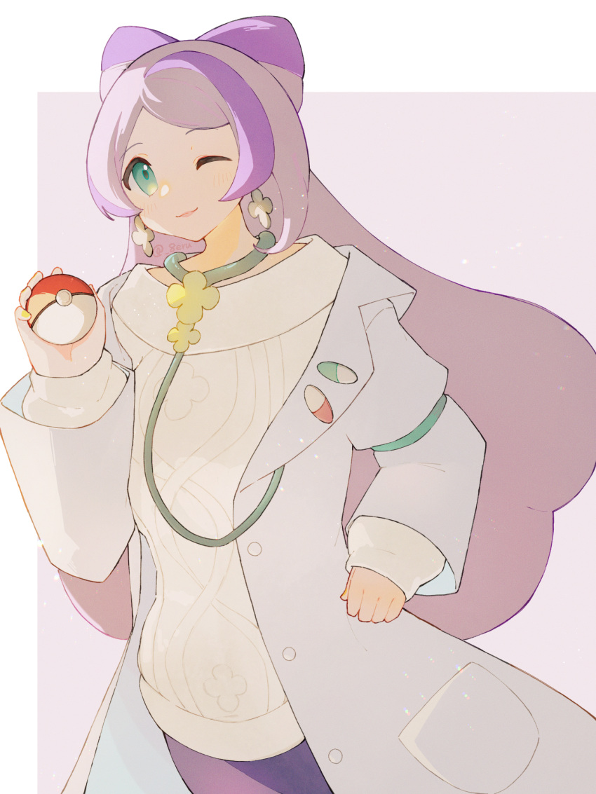 1girl ;) blush closed_mouth coat commentary_request earrings green_eyes hadu_eru hand_up highres holding holding_poke_ball jewelry long_hair long_sleeves miriam_(pokemon) nail_polish one_eye_closed open_clothes open_coat poke_ball poke_ball_(basic) pokemon pokemon_(game) pokemon_sv purple_hair purple_skirt skirt smile solo sweater yellow_nails yellow_sweater