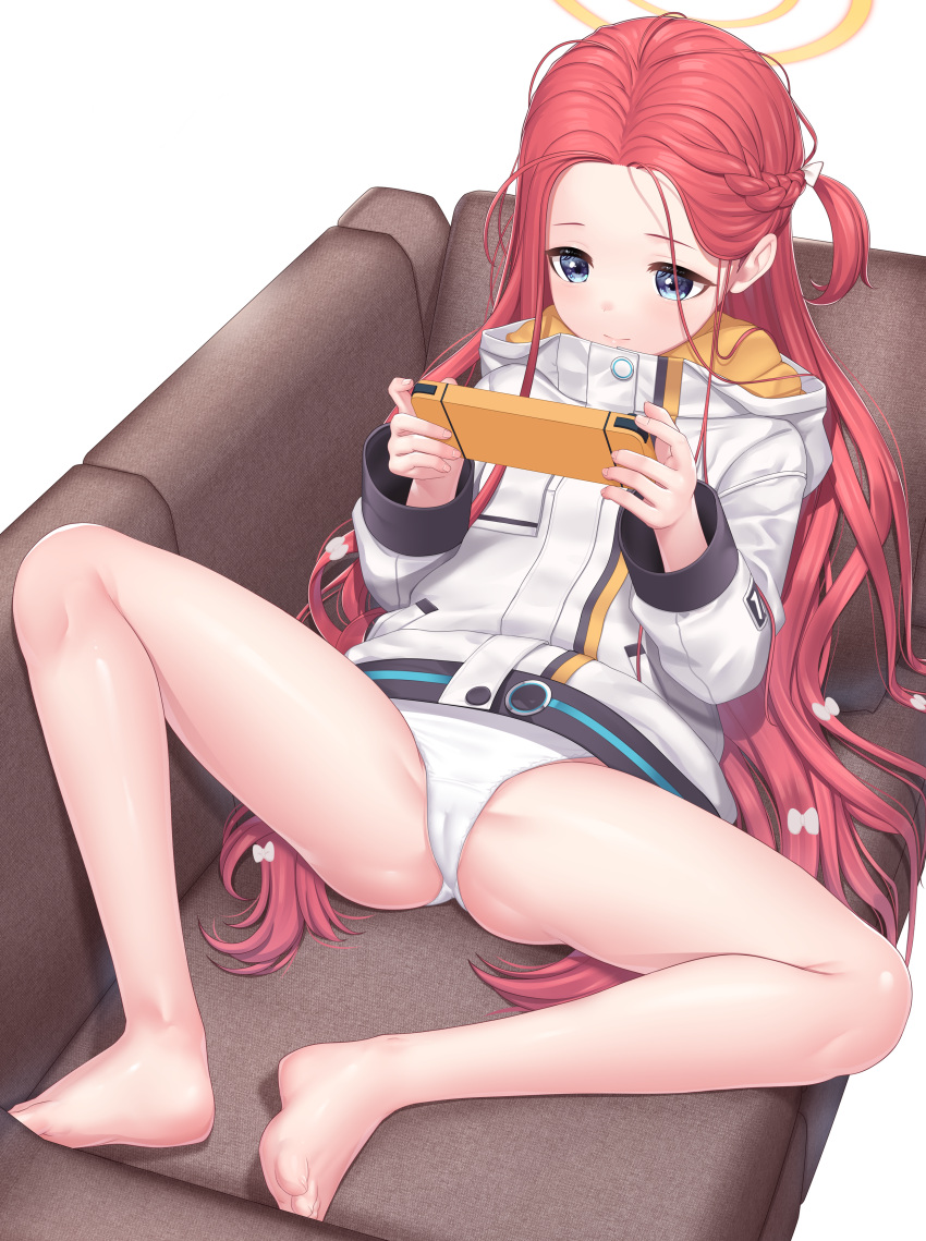 1girl absurdres bare_legs barefoot blue_archive blue_eyes bow braid cameltoe cicocyelho closed_mouth commentary couch feet french_braid full_body hair_bow handheld_game_console highres holding holding_handheld_game_console jacket legs long_hair long_sleeves no_pants on_couch one_side_up orange_hair panties playing_games reclining simple_background smile solo toes underwear very_long_hair white_background white_bow white_jacket white_panties yuzu_(blue_archive)