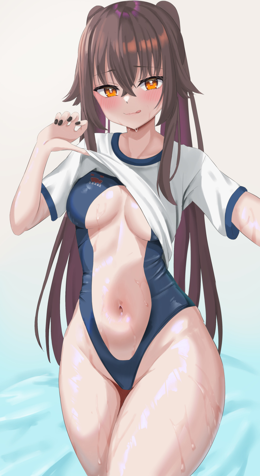 1girl absurdres alternate_costume bangs black_nails blue_one-piece_swimsuit breasts breasts_apart brown_hair closed_mouth clothes_lift clothing_cutout commentary_request competition_swimsuit crossed_bangs genshin_impact groin hair_between_eyes highleg highleg_swimsuit highres hu_tao_(genshin_impact) licking_lips lifted_by_self long_bangs long_hair looking_at_viewer medium_breasts navel one-piece_swimsuit orange_eyes shirt shirt_lift simple_background smile solo stomach_cutout swimsuit swimsuit_under_clothes symbol-shaped_pupils thighs tongue tongue_out twintails ushimizu wet white_shirt